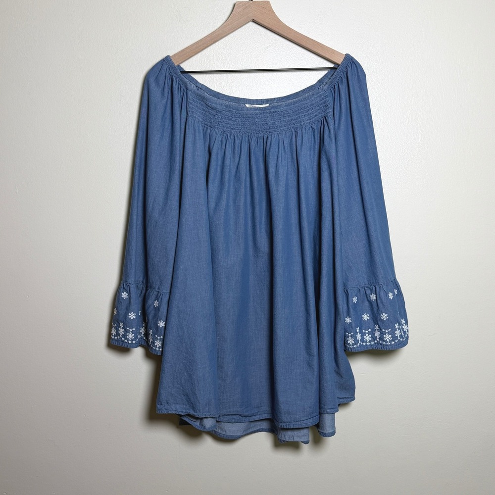 Terra & Sky Blue Chambray Embroidered‎ Bell Sleeve Top 3X 24W-26W Nautical Boho